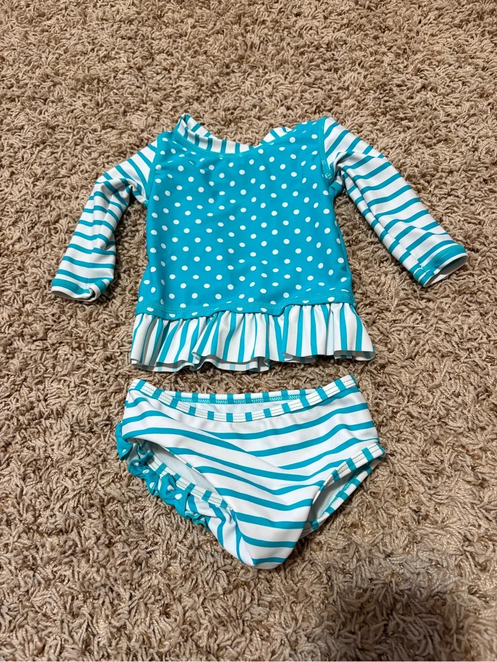 Ruffle Butts baby girl Teal Polka Dot & Stripe Swim Set size 3-6 months